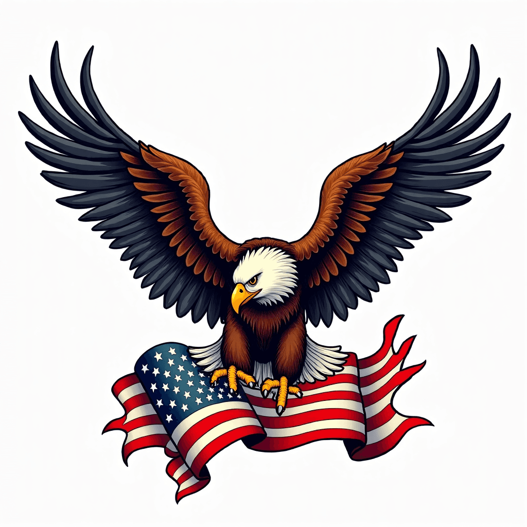 Eagle clutching American flag with banner