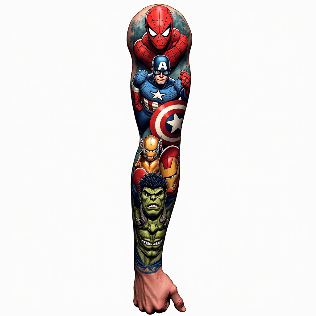 a marvel arm sleeve with characters including - do…