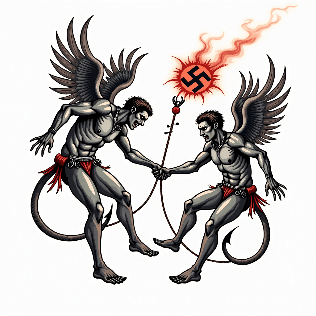 A NAZI BIRD DROPPING A SWAZTIKA THAT CUTS A ROPE B…