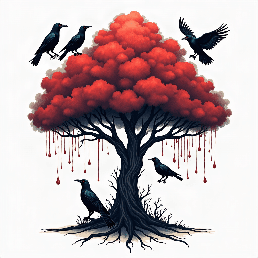 Poison tree with clouds above raining , with crows...