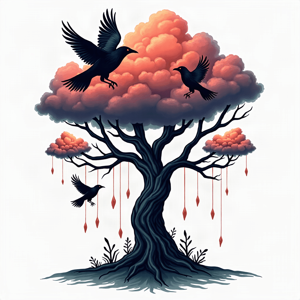 Poison tree with clouds above raining , with crows...