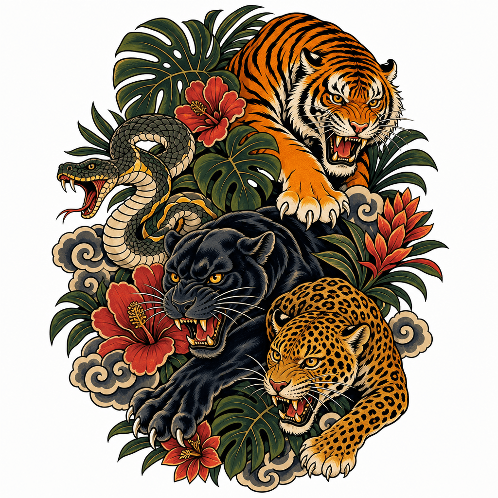 Traditional Japanese tattoo style jungle animals