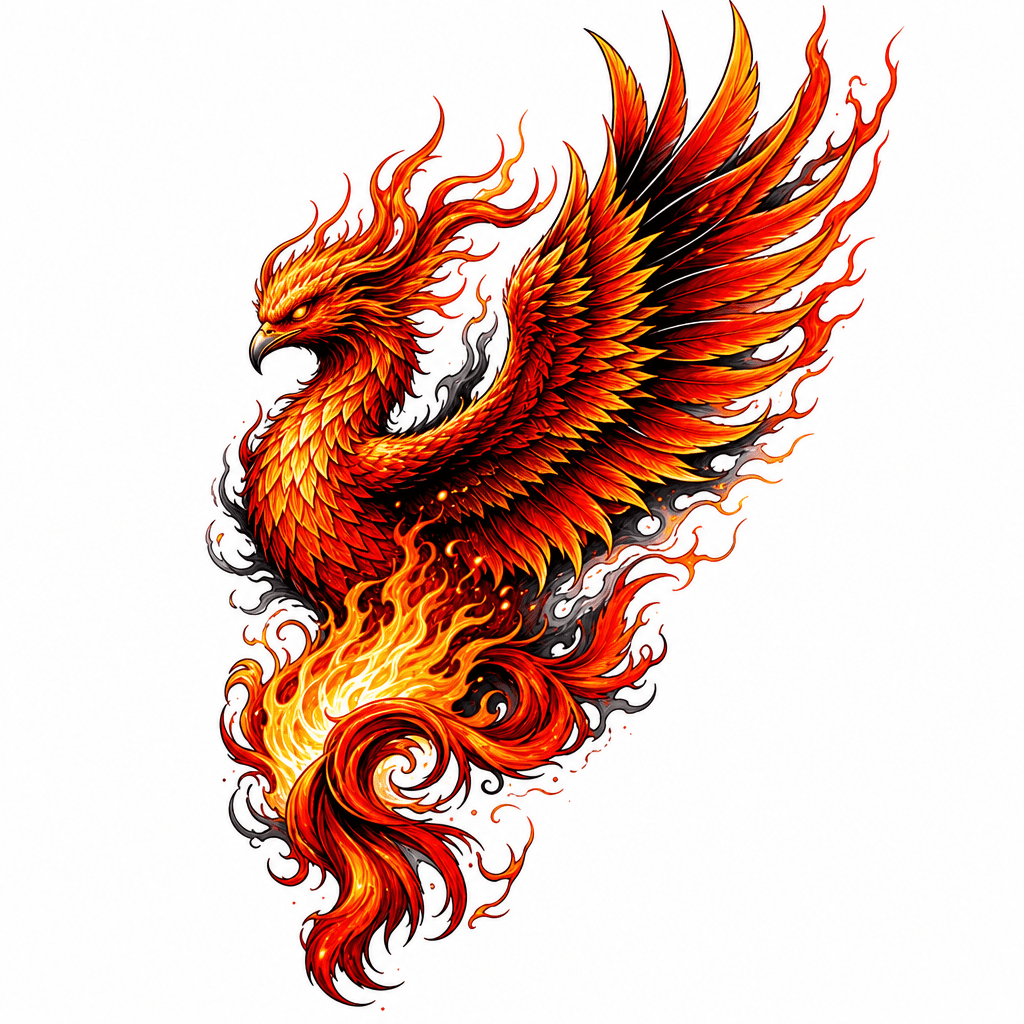 Phoenix rising from fire
Left side of chest.
Wing …