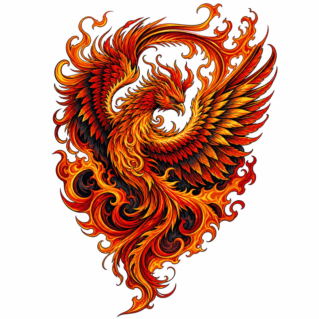 Phoenix rising from fire
Left side of chest.
Wing …