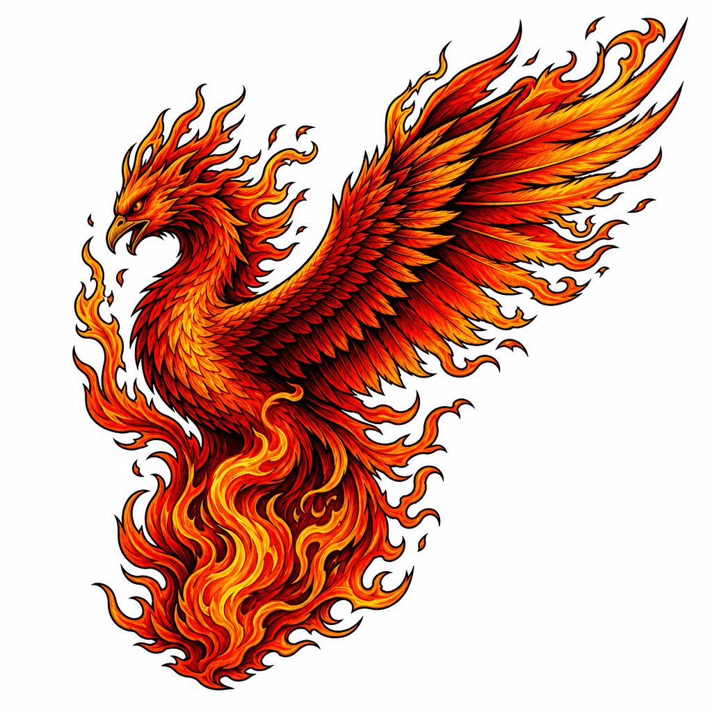 Phoenix rising from fire
Left side of chest.
Wing …