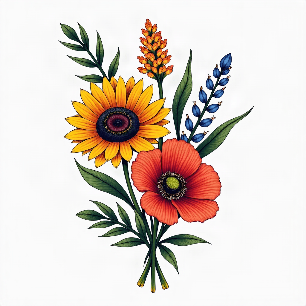 Create a bouquet of flowers including a sunflower,...