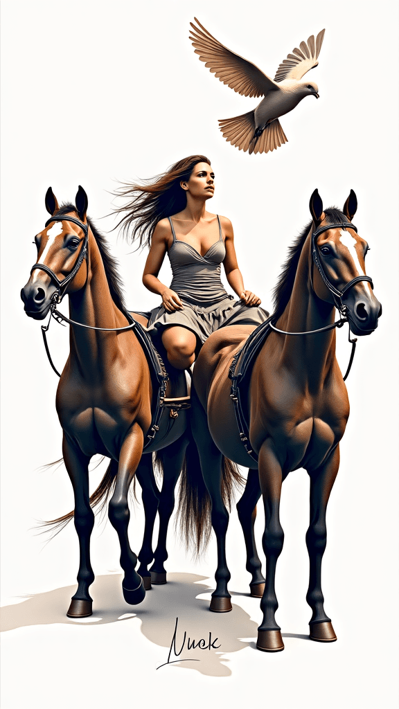 Strong woman in a chariot with two muscular horses…