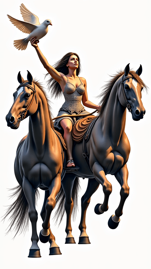 Strong woman in a chariot with two muscular horses…
