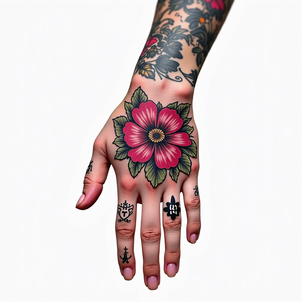 on left hand, pansy flower with details on the ins...