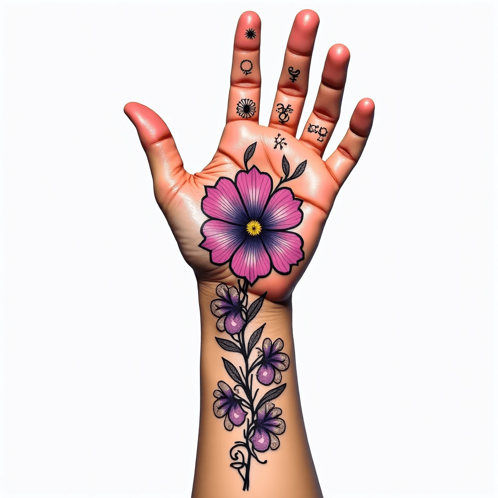 on left hand, pansy flower with details on the ins...