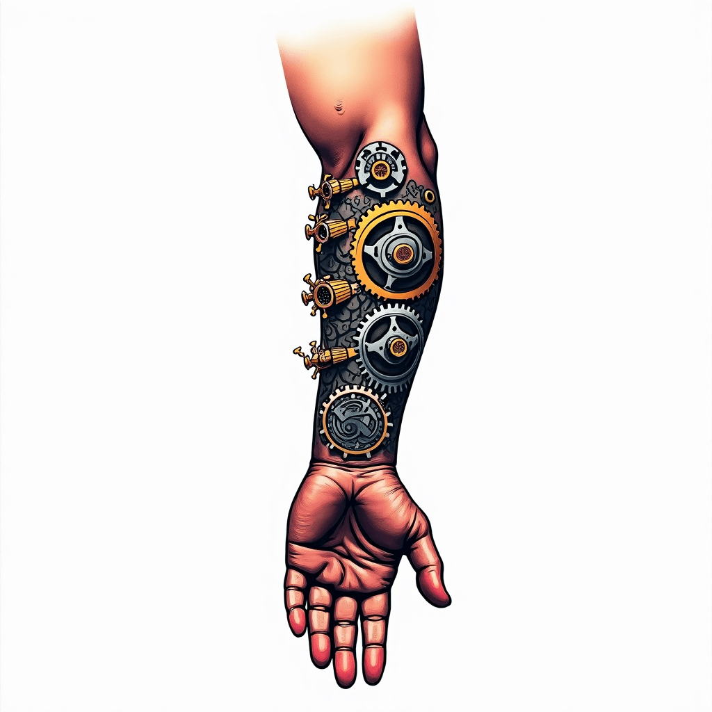 Bio-mechanical arm with intricate gears and piston...