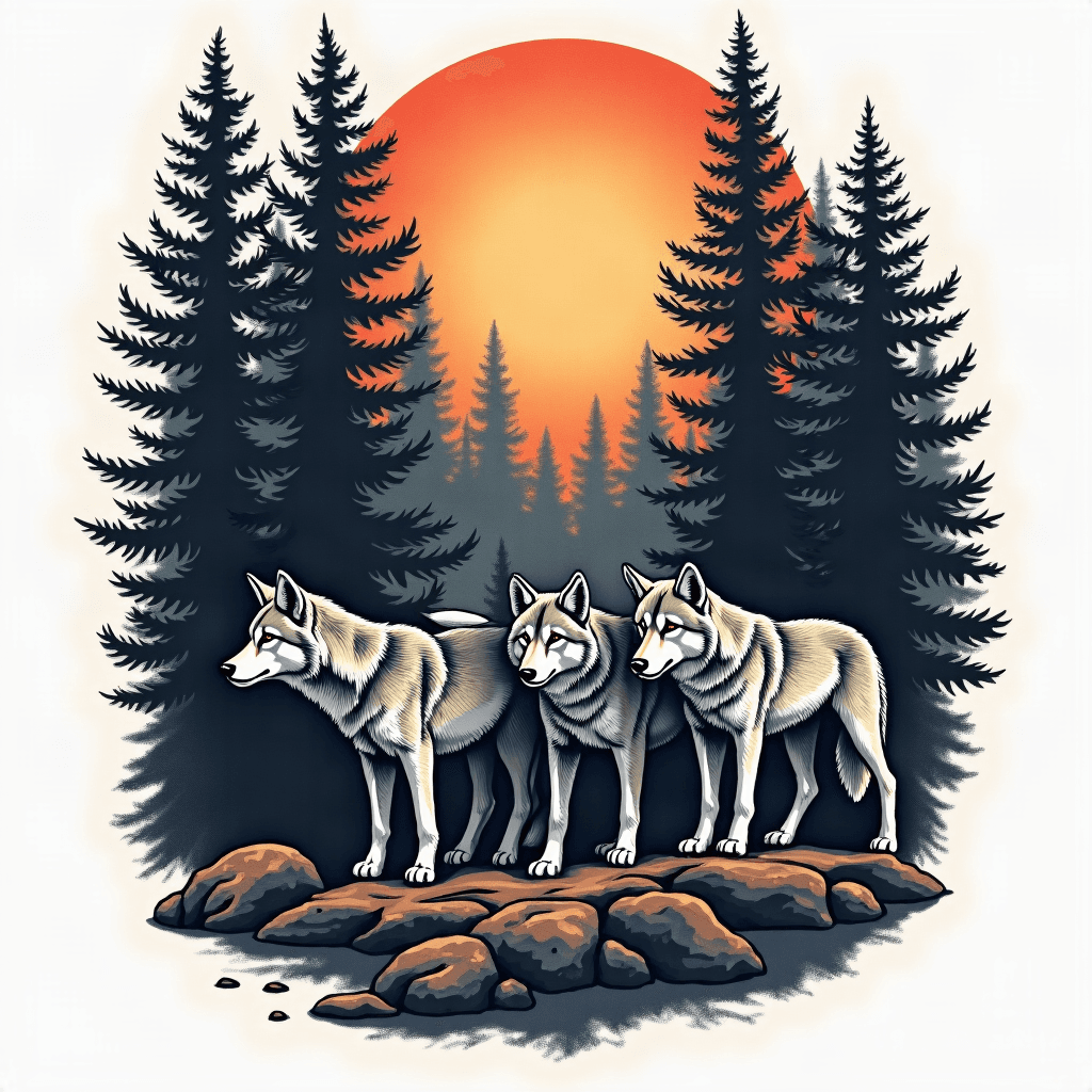 Wolf pack forest scene