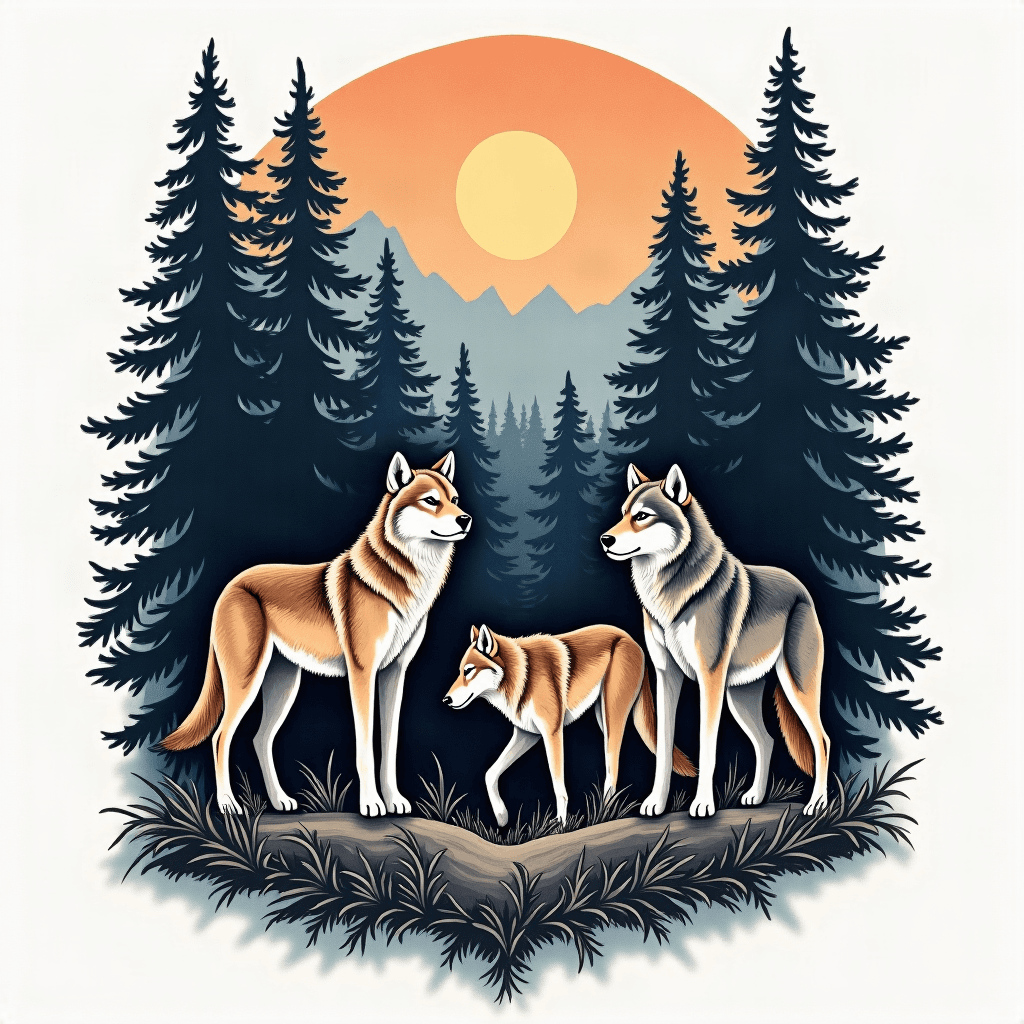 Wolf pack forest scene