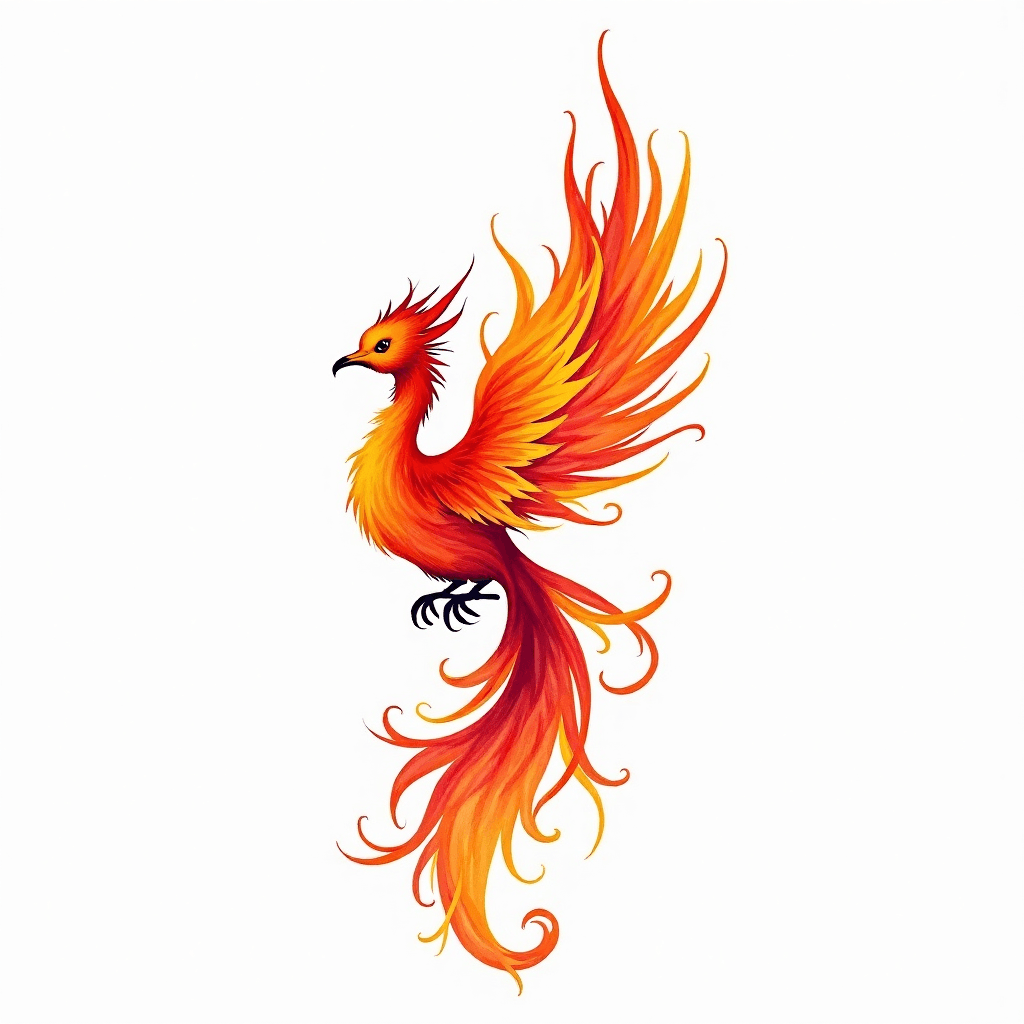 Watercolor phoenix rising from colorful flames