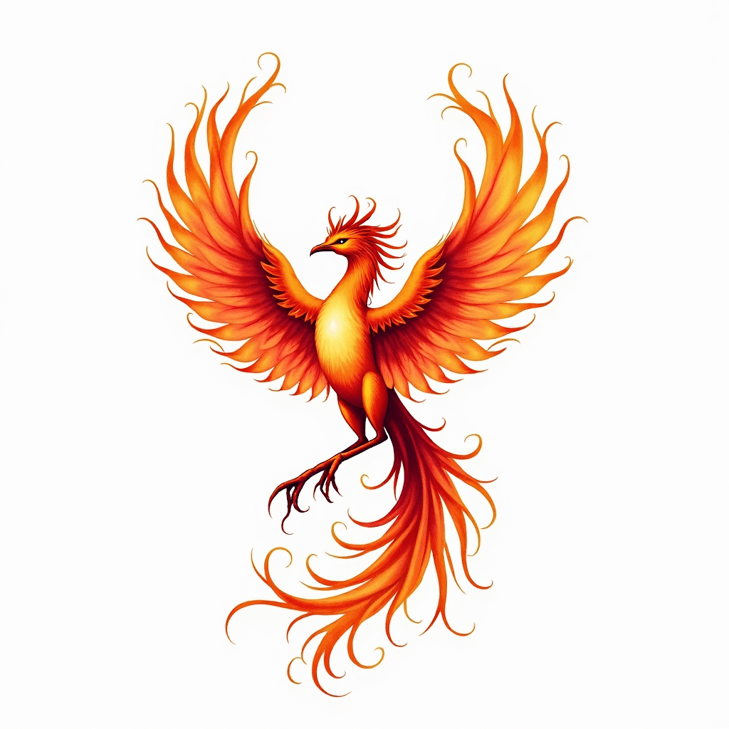 Watercolor phoenix rising from colorful flames