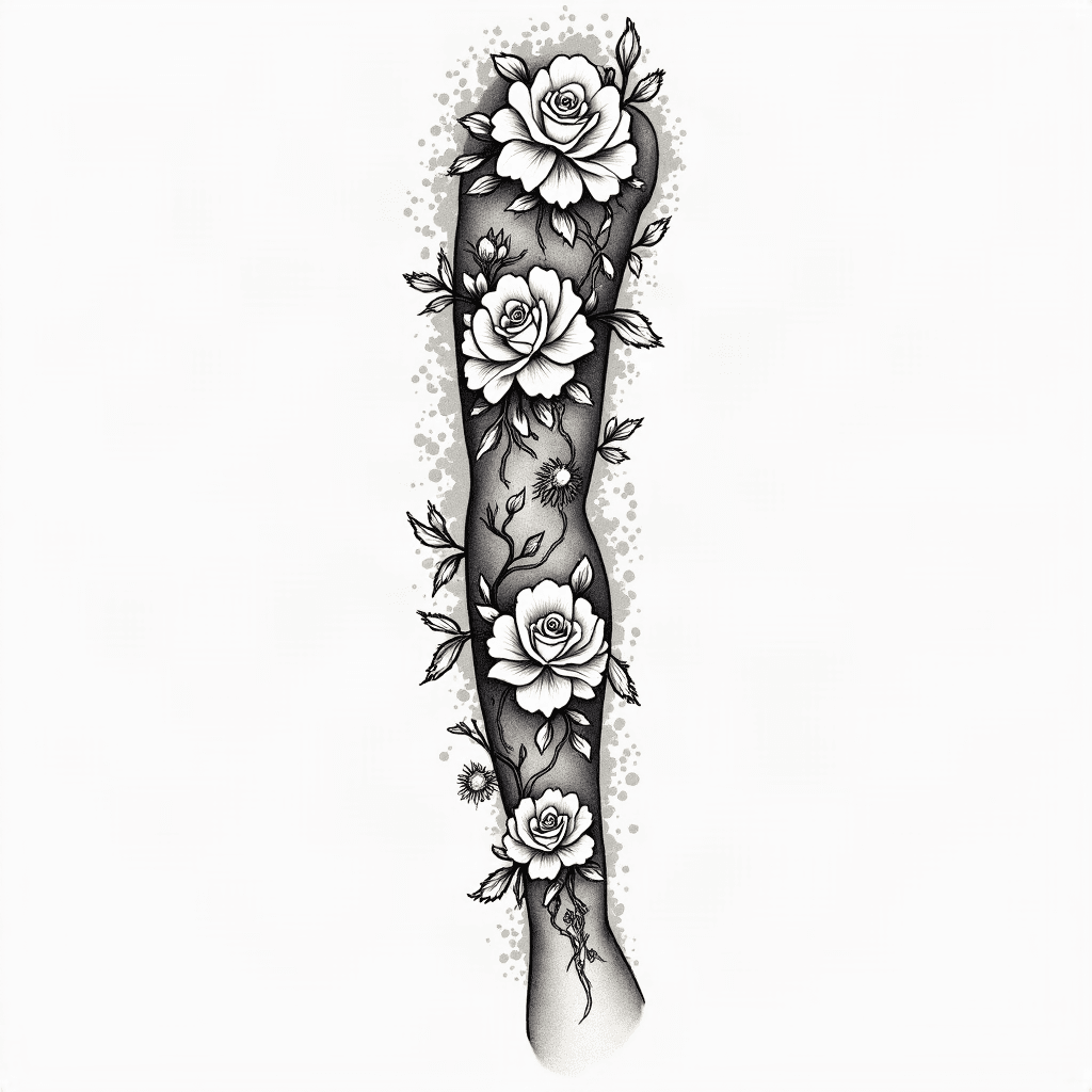 full-arm tattoo sleeve design for a woman, fine li...