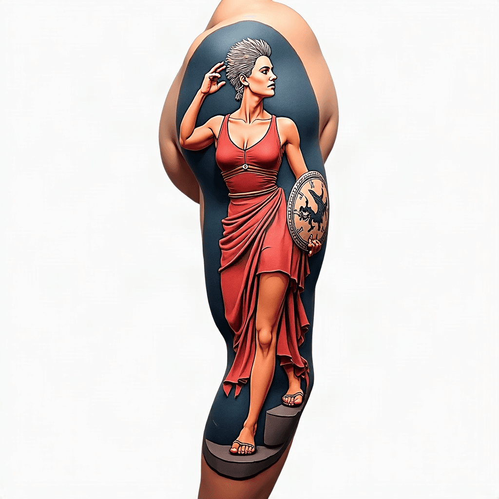 Depiction of Athena carrying her shield and a spea...