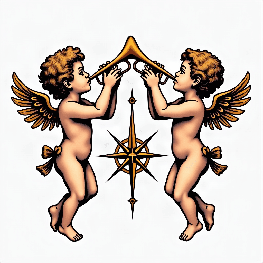 two cherubs facing each other holding trumpets in ...