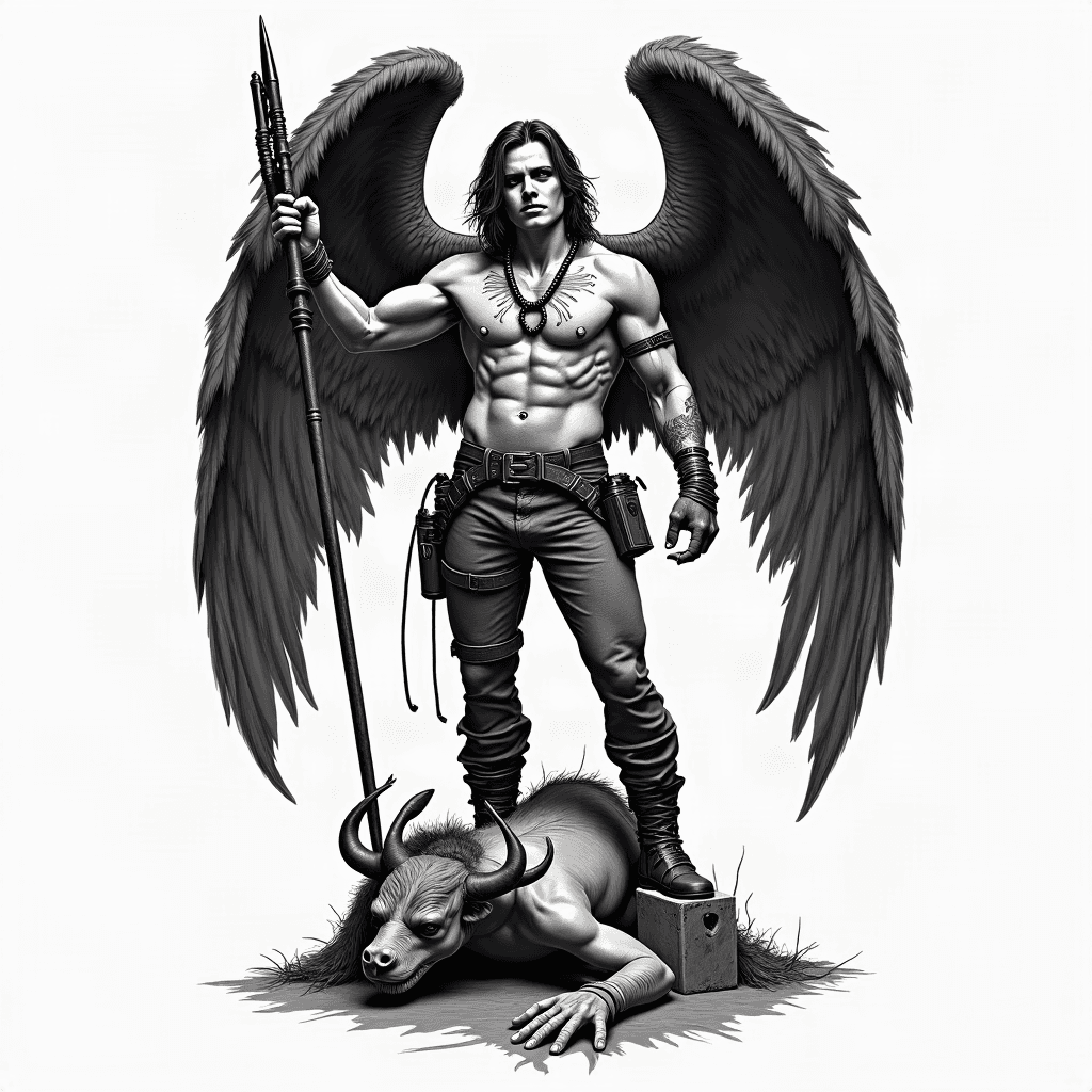 Arch angel realism black and white tattoo standing…