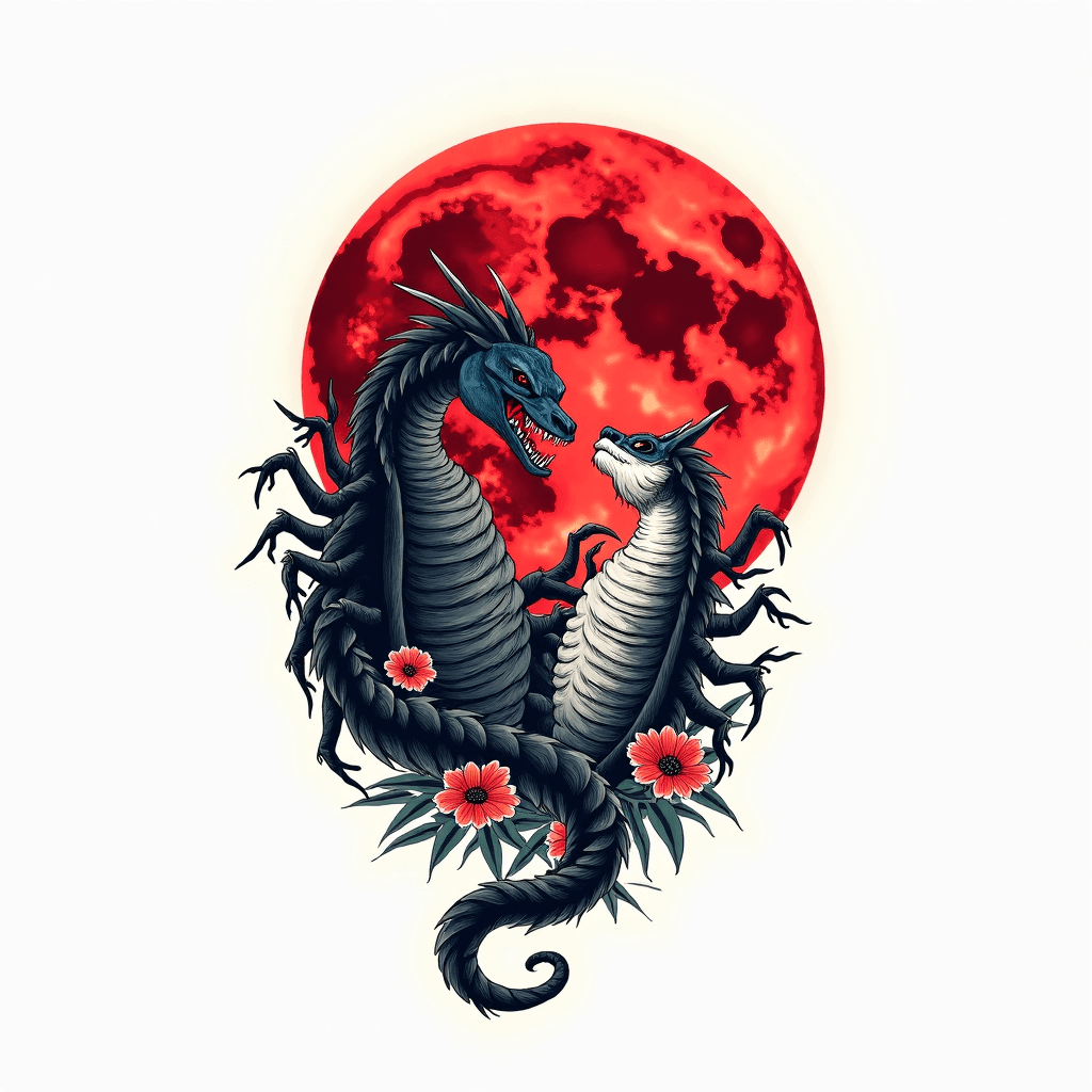 Un escorpión un lobo y una luna llena roja unidos ...
