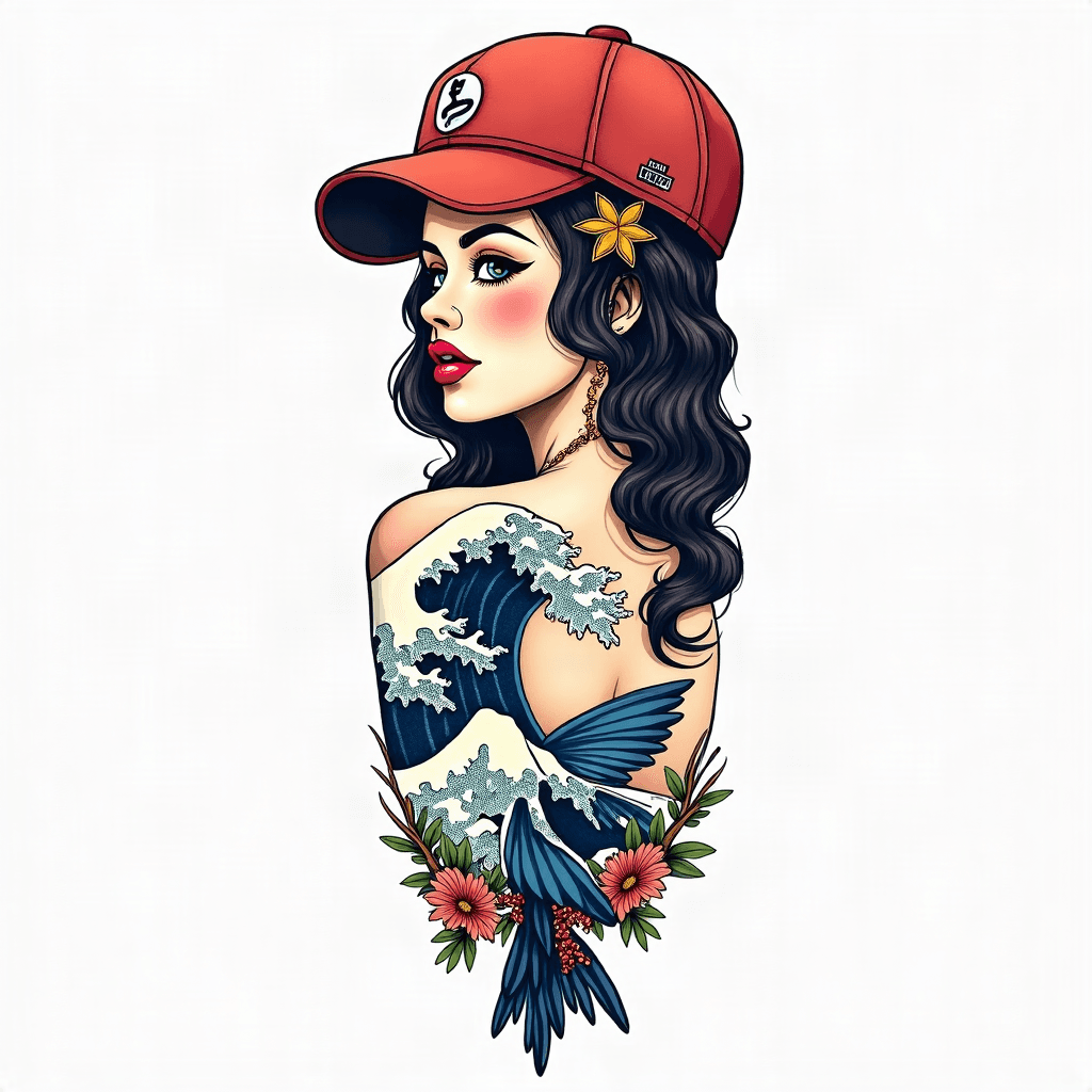 A sleeve that blends a Lady face with her mouth op...