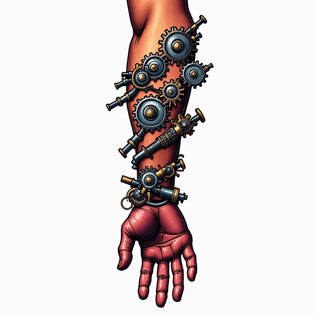 Bio-mechanical arm with intricate gears and piston...