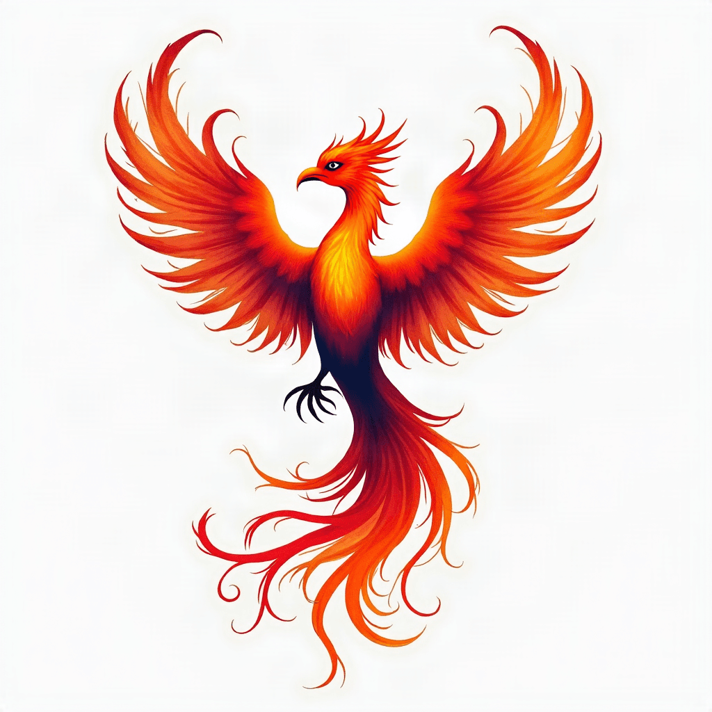 Watercolor phoenix rising from colorful flames