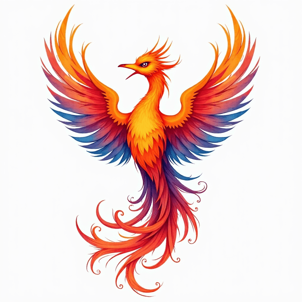 Watercolor phoenix rising from colorful flames