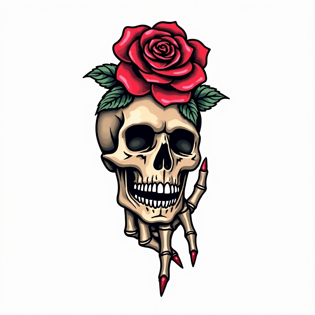 skull hand tattoo with a rose on top of the hand l...