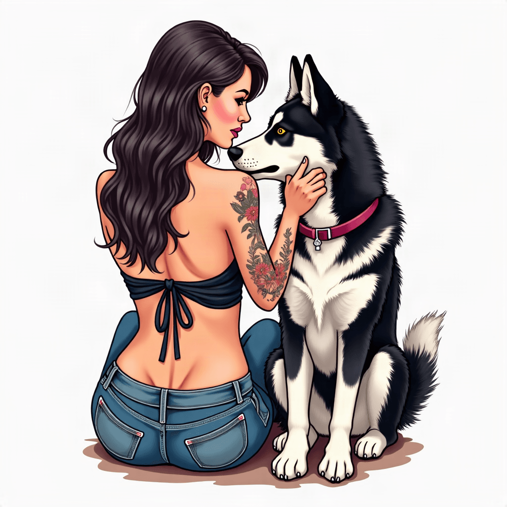 tatouage réaliste d'une jeune femme et de son husk...