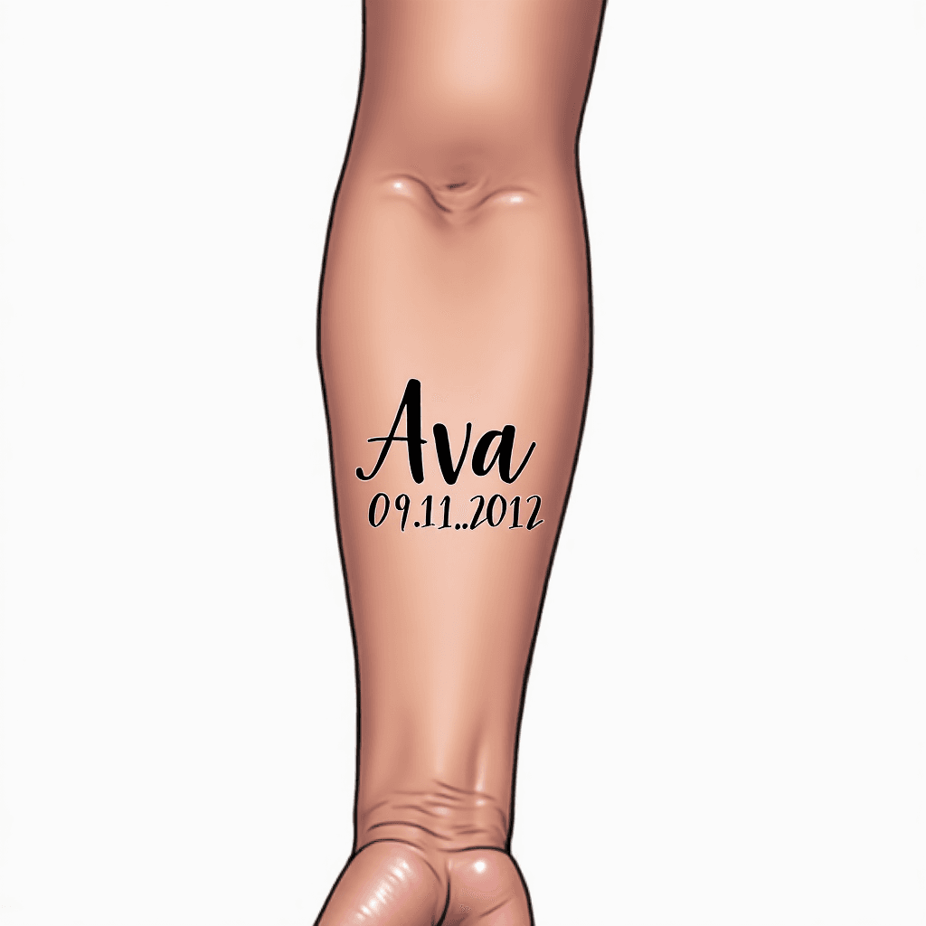 left forearm, down the arm, handwriting name ‘Ava’...