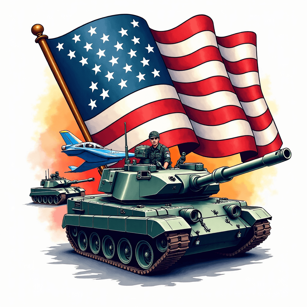 Patriotic scene with F-15 jets, M1 Abrahms tanks a…