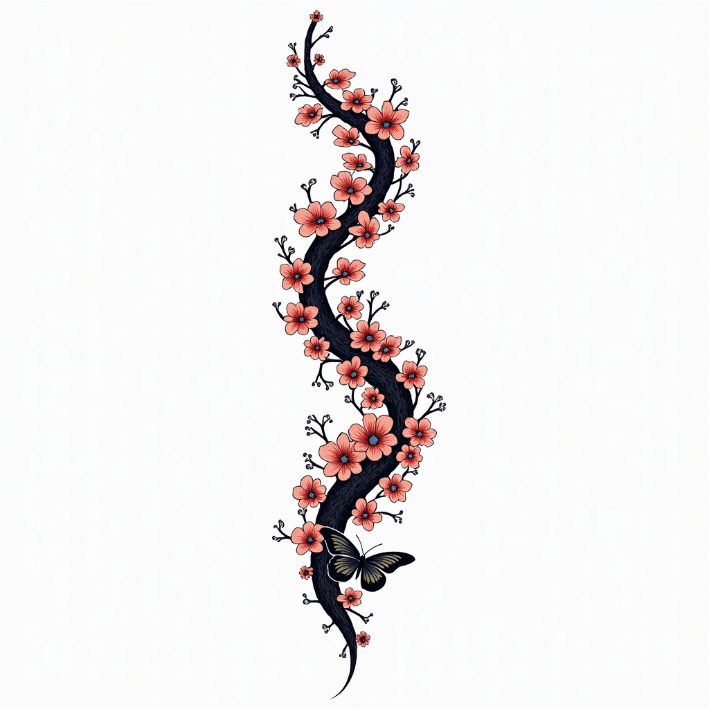 Black dainty spine tattoo with floral and butterfl…