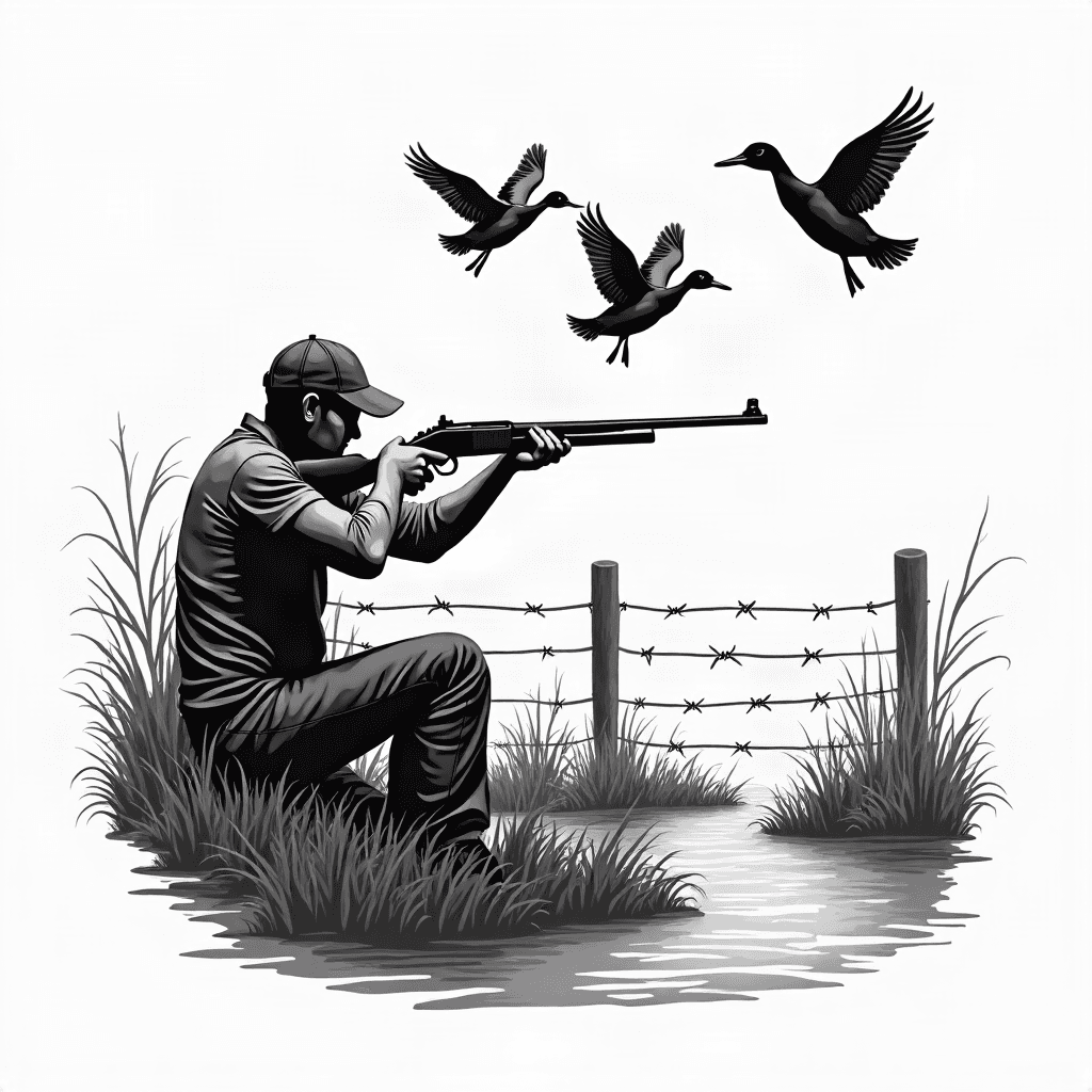 water view with duck hunter aiming at ducks above …