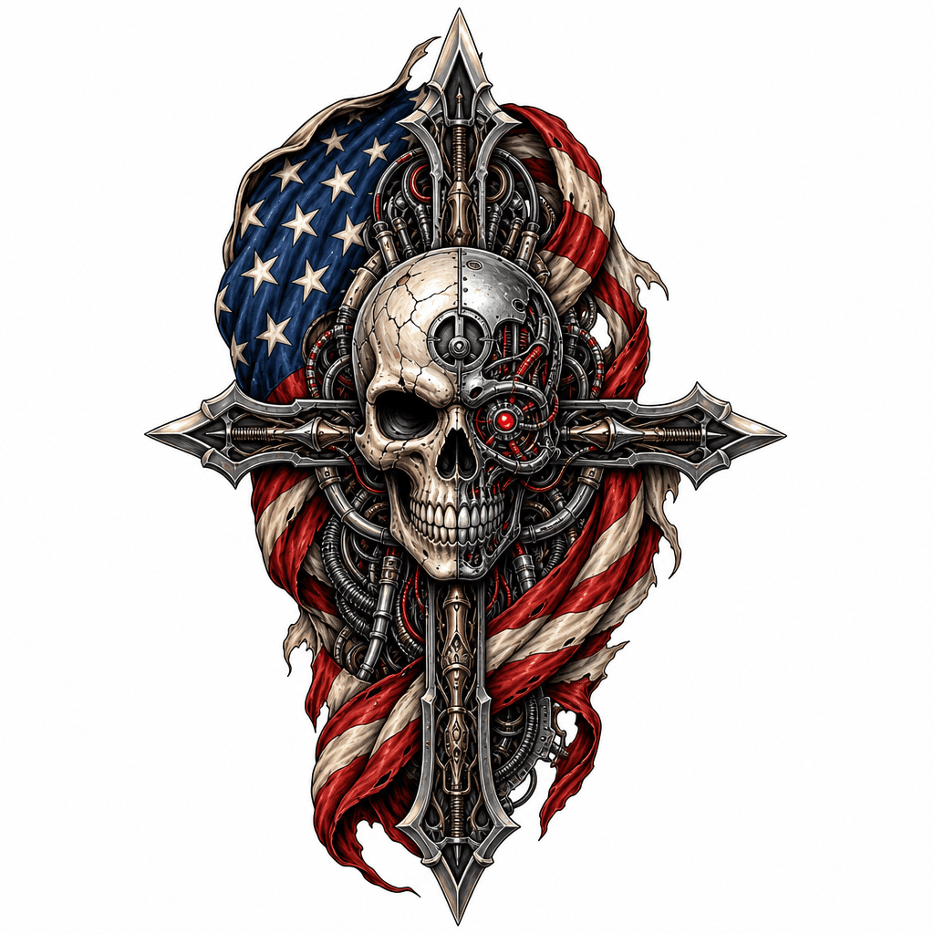 On my forearm bio machineical skull cross and Amer…
