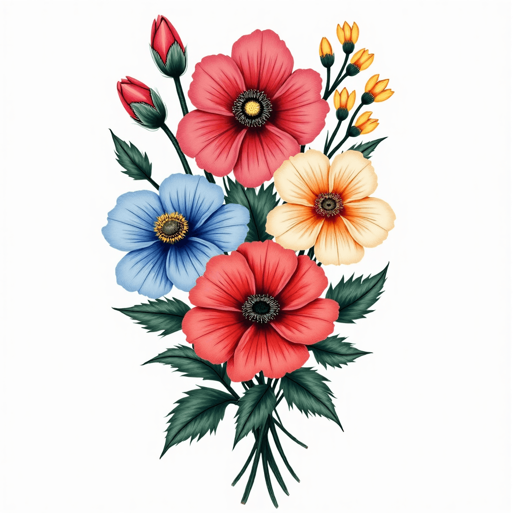 Bouquet of gladiolus, poppy, morning glory, and da…