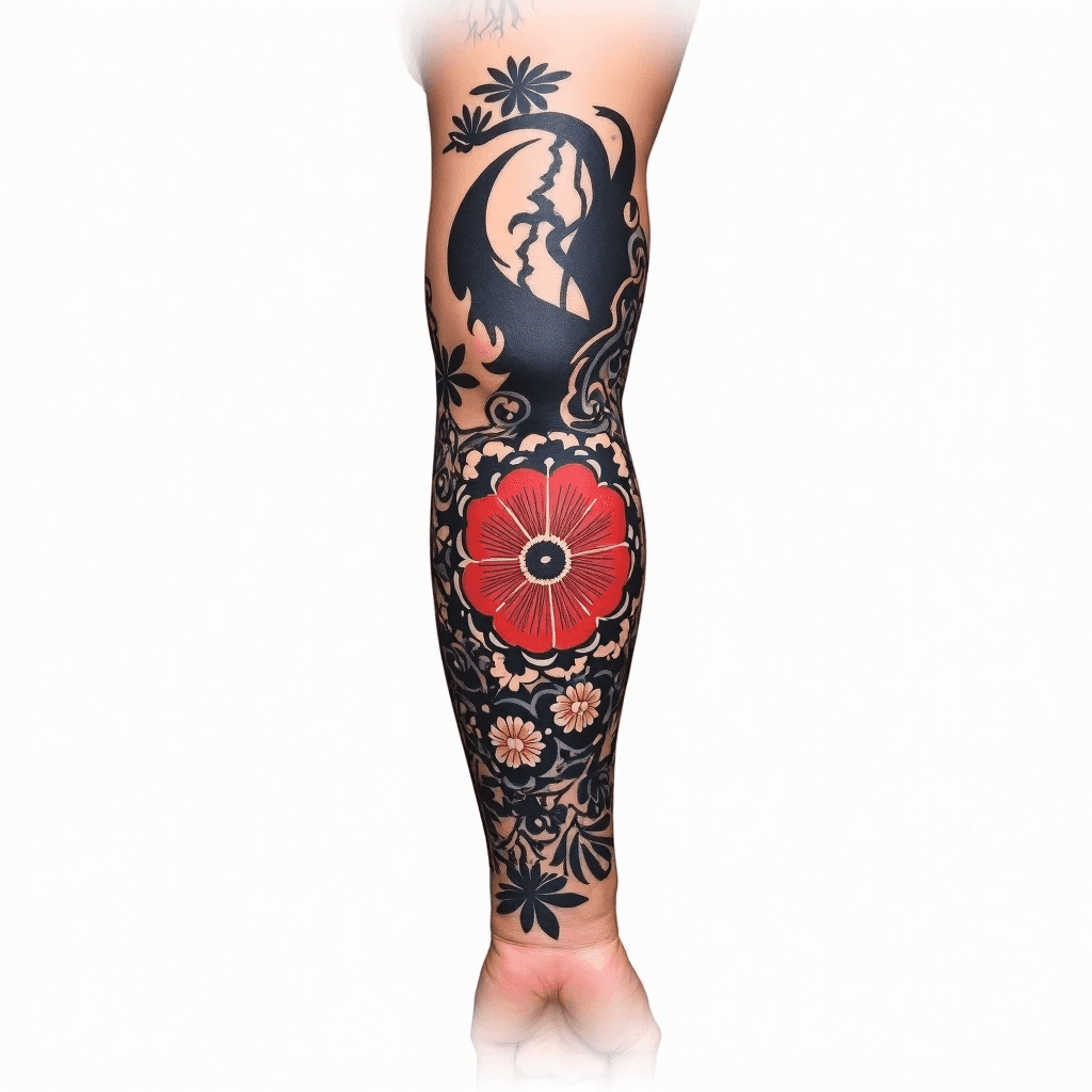 japanese, realism and balck and grey arm sleeve