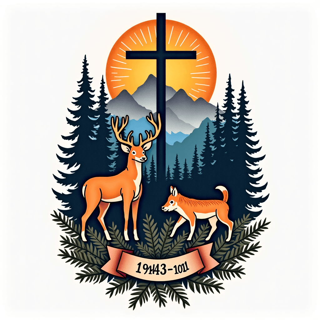 Mural of mountains, a cross, a buck, a coyote, and…