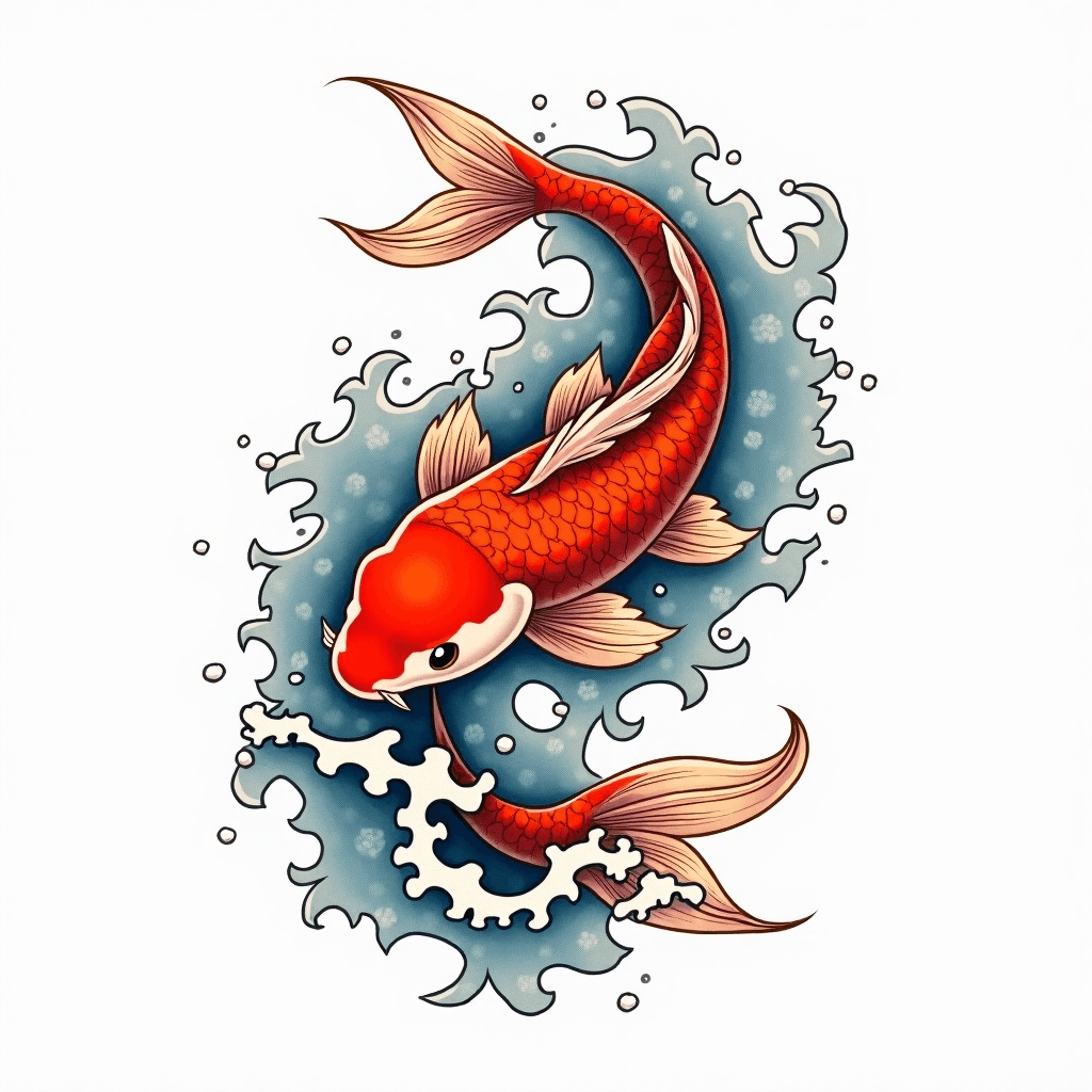 Japanese koi fish swimming through waves