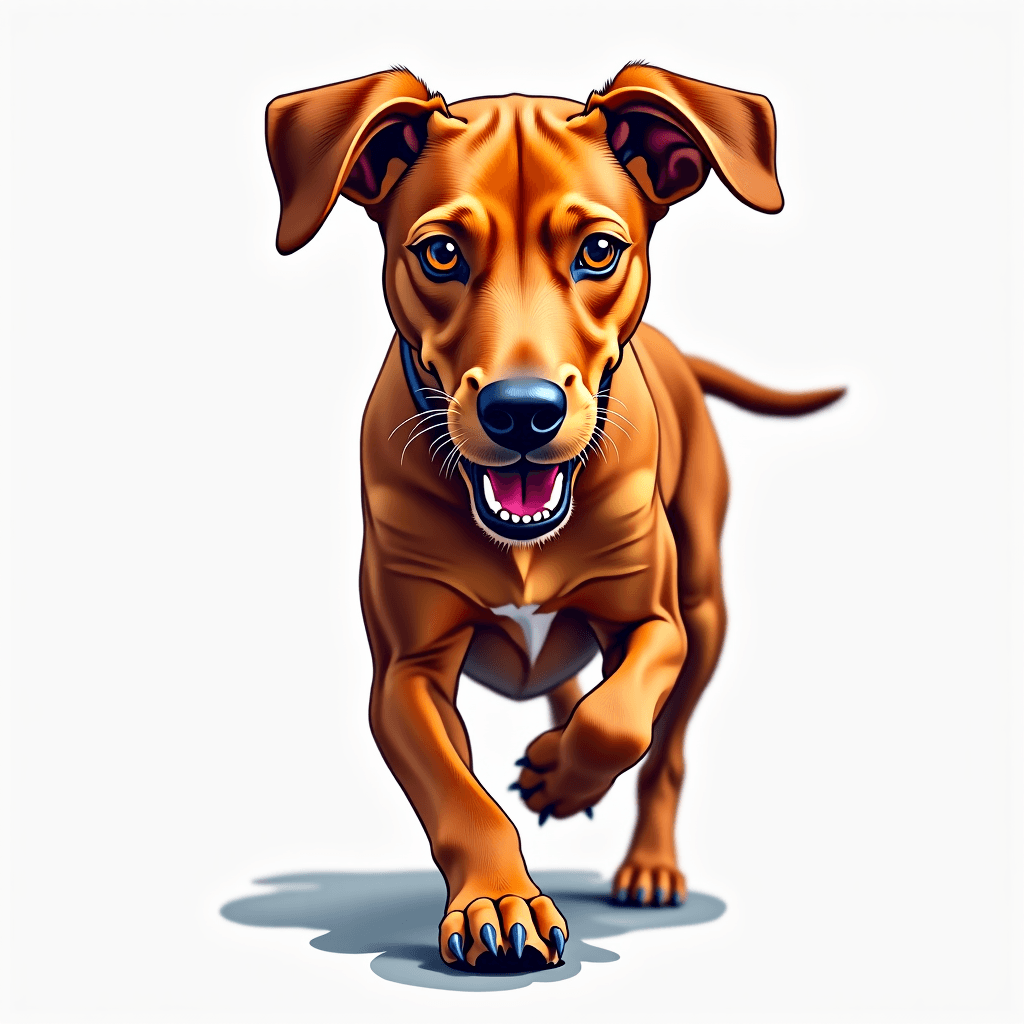 Viszla dog running towards the viewer at a slight ...