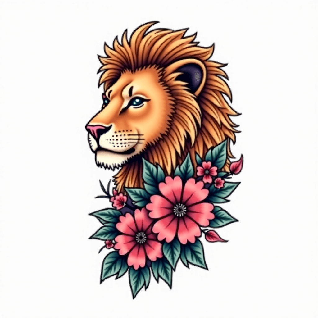 Tattoo Cover-Up lioness with flowers