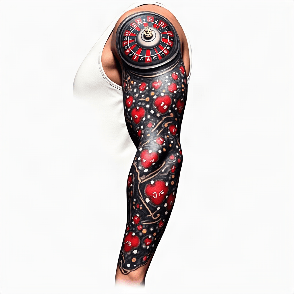 Casino tattoo sleeve from upper arm across elbow t…