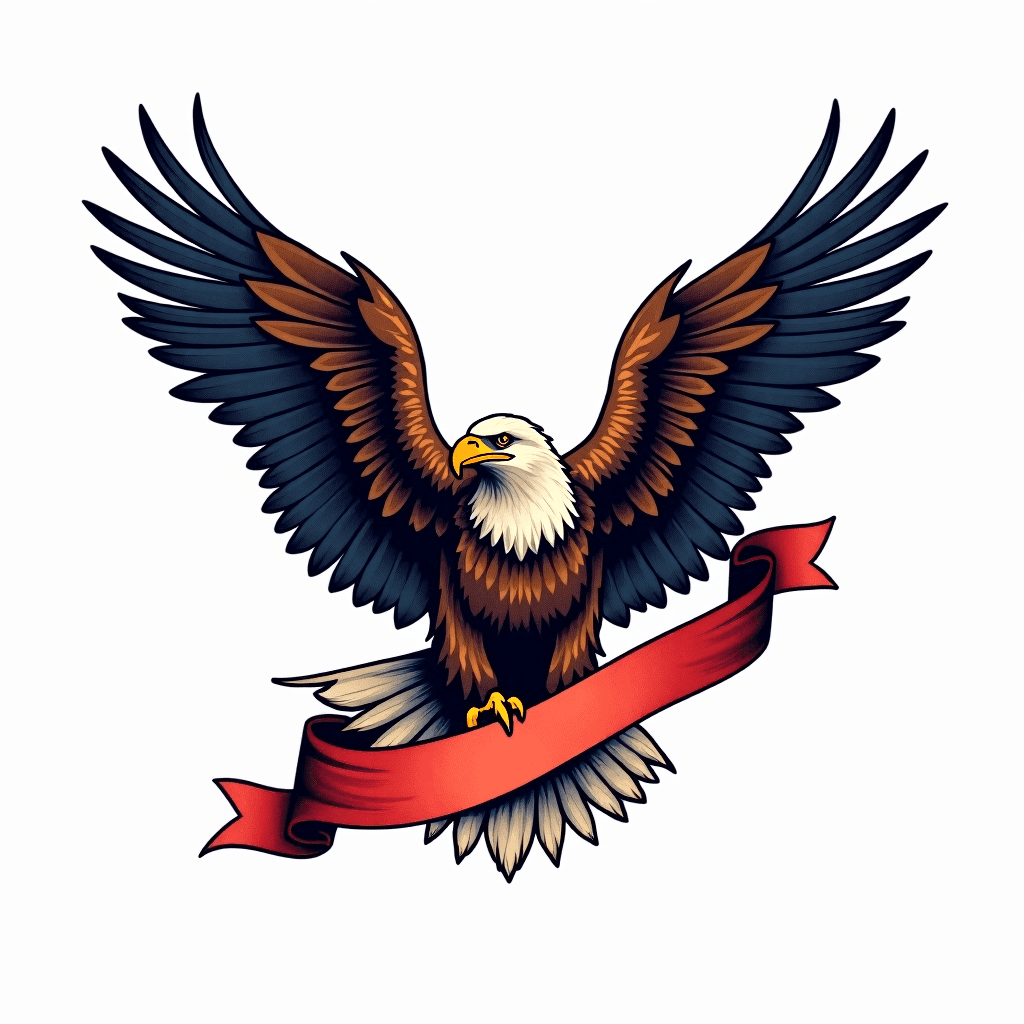 Eagle clutching American flag with banner
